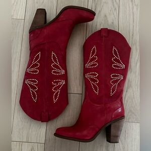Red Leather Cowboy boots ❤️ genuine leather silver studs size 8